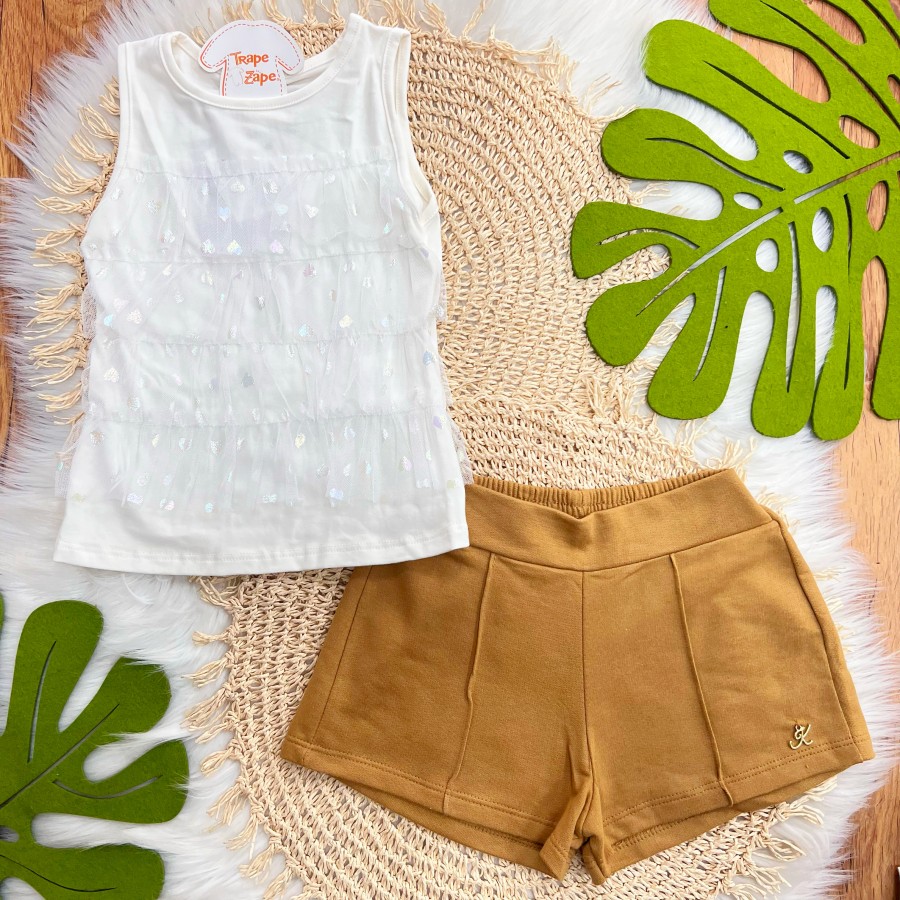 Conj. Regata com Tule de Corações e Short - Off White e Marrom